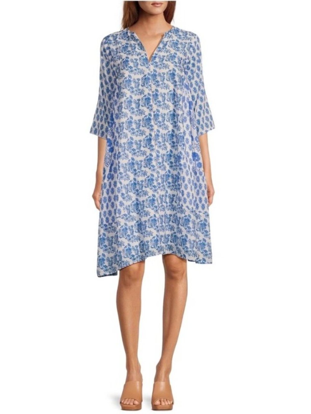 Ro’s Garden Size XS Blue Bhopali Floral V Neck 3/4 Sleeve Caftan Dress